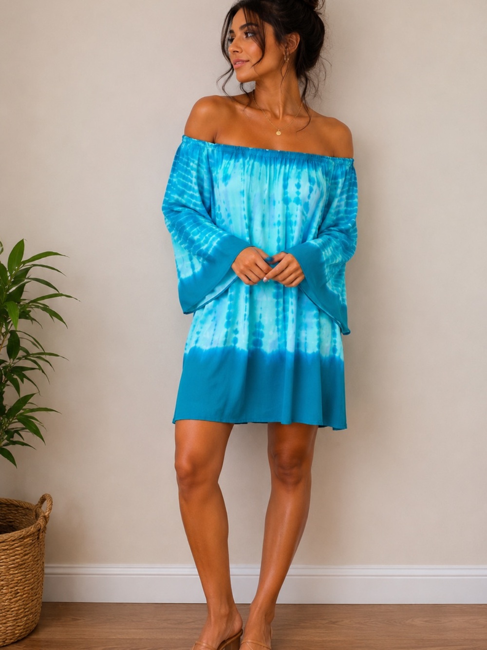 NWT Teal Tie-Dye 100% Rayon Off Shoulder Flare Sleeve Mini Dress Size‎ 1X